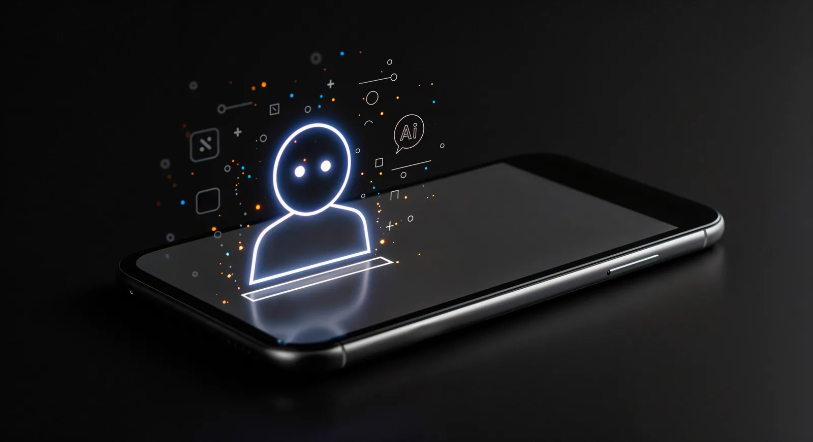 Müşteri hizmetlerinde chatbot ve KVKK Koyu zeminde akıllı telefon ekranından yükselen parlayan sohbet robotu simgesi; müşteri hizmetlerinde chatbot kullanımının KVKK riskleri