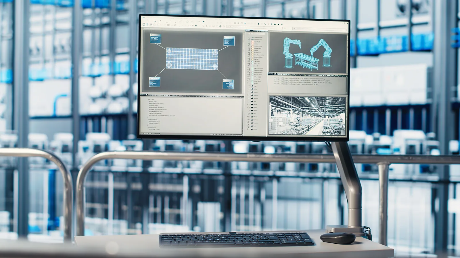 Endüstri 4.0 tesisinde makine izleme ekranı Akıllı fabrikada üretim hattını ve robot kollarını izleyen yazılımın açık olduğu monitör; makine verisinin toplandığı noktayı gösteriyor