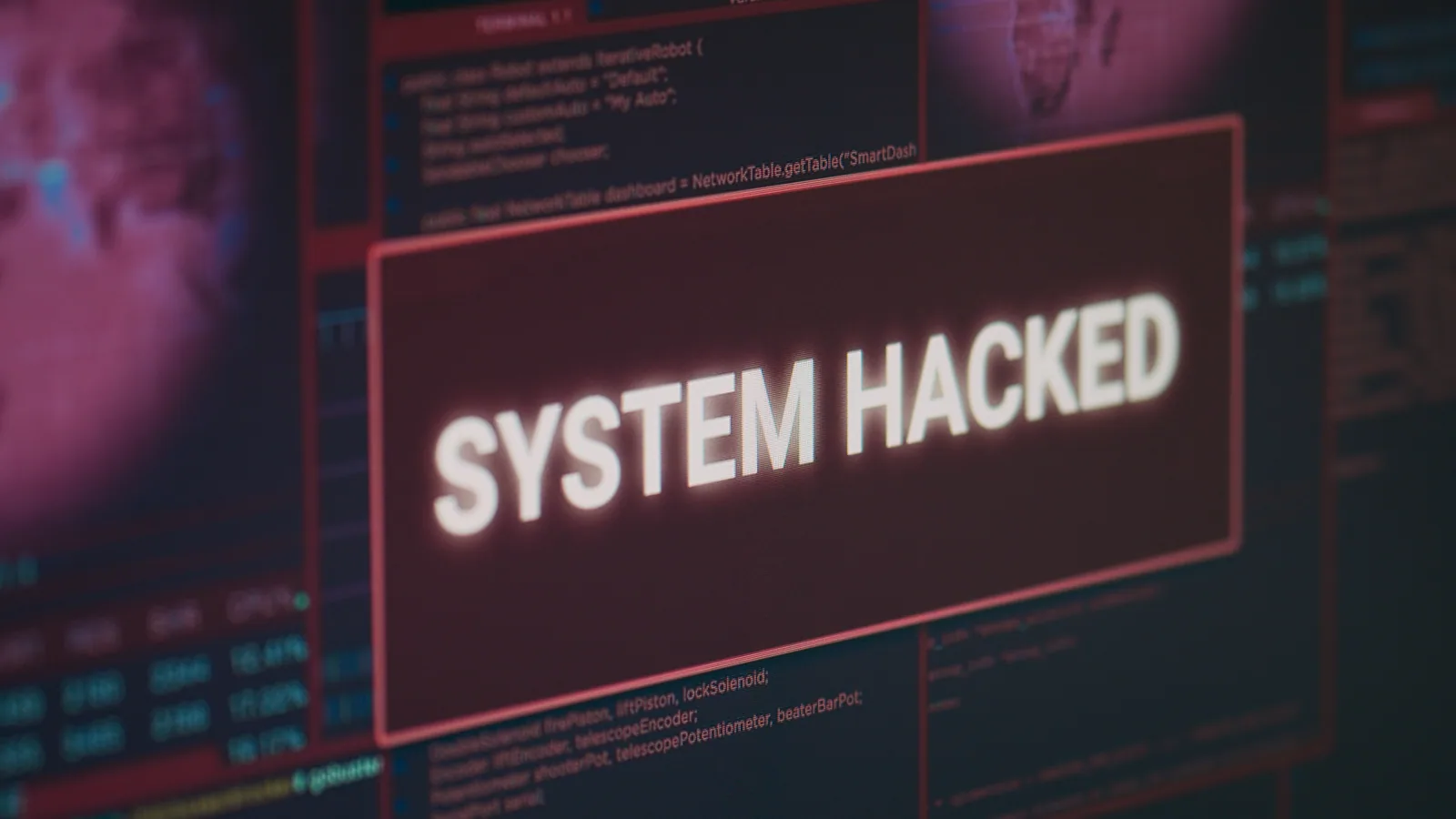 Bilgisayar ekranında kırmızı zemin üzerinde “System hacked” uyarısı ve arka planda kod satırları; siber saldırı anını gösteriyor