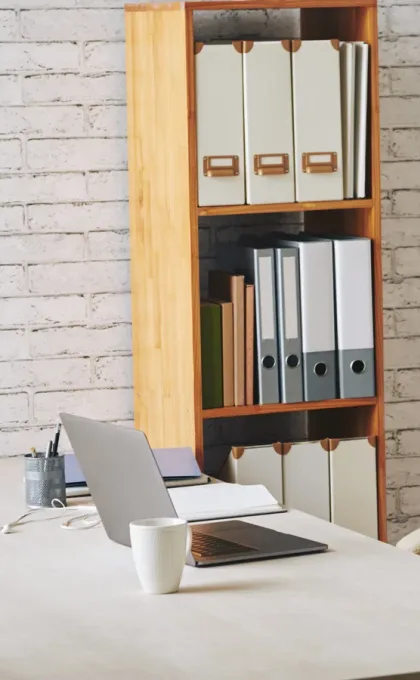 Raflarında dosya klasörleri bulunan kurumsal ofis çalışma alanı